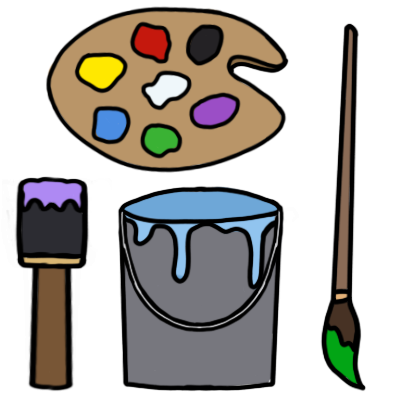 A bucket of paint, a paint palette, and two paintbrushes with paint on them.